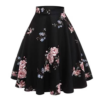 Odizli Rock Damen Knielang Rockabilly Elegant A Linie Petticoat Röcke Tellerrock Faltenrock Vintage Gepunktet Blume Swing 50er Jahre Retro Trachtenrock Festlich Sommerrock Schwarz Pfingstrose M von Odizli