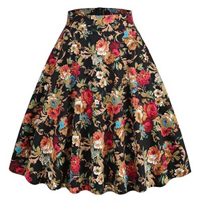 Odizli Rock Damen Knielang Rockabilly Elegant A Linie Skirt Petticoat Röcke Tellerrock Faltenrock Vintage Gepunktet Blume Swing 50er Jahre Retro Trachtenrock Festlich Sommerrock Retro Blume M von Odizli