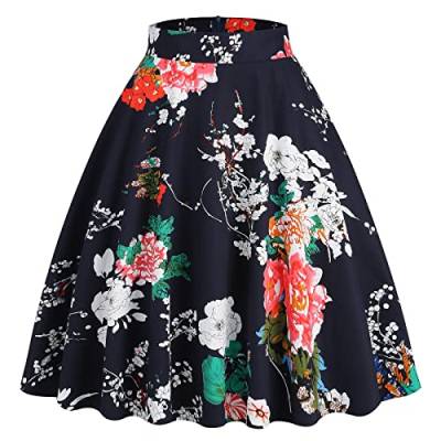 Odizli Rock Damen Knielang Rockabilly Elegant A Linie Skirt Petticoat Röcke Tellerrock Faltenrock Vintage Gepunktet Blume Swing 50er Jahre Retro Trachtenrock Festlich Sommerrock Schwarz Blume M von Odizli