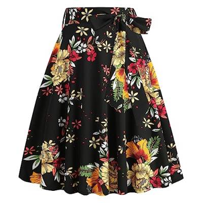 Odizli Rock Damen Knielang Rockabilly Tellerrock Elegant 50er Jahre Vintage Audrey Hepburn A Linie Swing Petticoat Röcke Faltenrock Plisseerock Retro Trachtenrock Festlich Sommerrock Schwarz Gelb XXL von Odizli