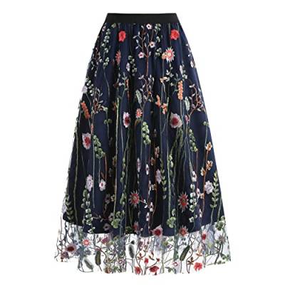 Odizli Tüllrock Damen Lang Faltenrock 50er Jahre Rockabilly Elegant Vintage Blume Gestickte Elastisch High Waist A Linie Swing Midirock Petticoat Röcke Frauen Festlich Plisseerock Marineblau Blume XXL von Odizli