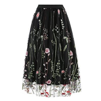 Odizli Tüllrock Damen Lang Faltenrock 50er Jahre Rockabilly Elegant Vintage Blume Gestickte Elastisch High Waist A Linie Swing Midirock Petticoat Röcke Frauen Festlich Plisseerock Schwarz Blume XXL von Odizli