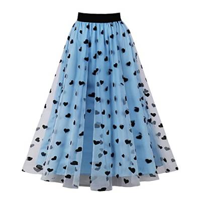 Odizli Tüllrock Damen Lang Faltenrock 50er Jahre Rockabilly Elegant Vintage Elastisch High Waist 3D Herz Druck A Linie Swing Midi Petticoat Röcke Tellerrock Frauen Festlich Tutu Plisseerock Blau XL von Odizli