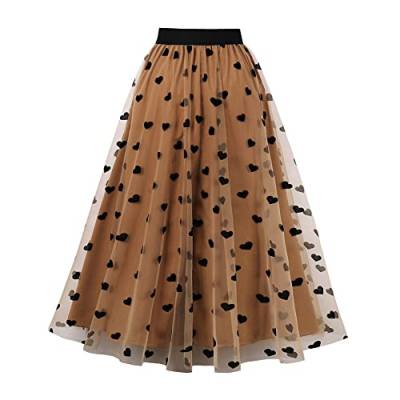 Odizli Tüllrock Damen Lang Faltenrock 50er Jahre Rockabilly Elegant Vintage Elastisch High Waist 3D Herz Druck A Linie Swing Midi Petticoat Röcke Tellerrock Frauen Festlich Tutu Plisseerock Braun XXL von Odizli