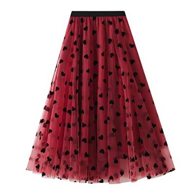 Odizli Tüllrock Damen Lang Faltenrock 50er Jahre Rockabilly Elegant Vintage Elastisch High Waist 3D Herz Druck A Linie Swing Midi Petticoat Röcke Tellerrock Frauen Festlich Tutu Plisseerock Rot L von Odizli