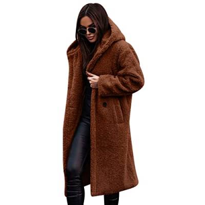 Teddy Jacken für Damen Felljacke Kuscheljacke Flauschig Plüschjacke Fleecejacke mit Kapuze Lang Wintermantel Winterjacke Herbst Winter Warm Elegant Mantel Teddyfleece Jacke Teddyjacke Karamell L von Odizli