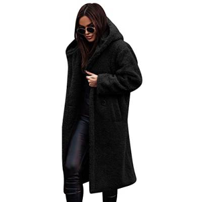 Teddy Jacken für Damen Felljacke Kuscheljacke Flauschig Plüschjacke Fleecejacke mit Kapuze Lang Wintermantel Winterjacke Herbst Winter Warm Elegant Mantel Teddyfleece Jacke Teddyjacke Schwarz S von Odizli