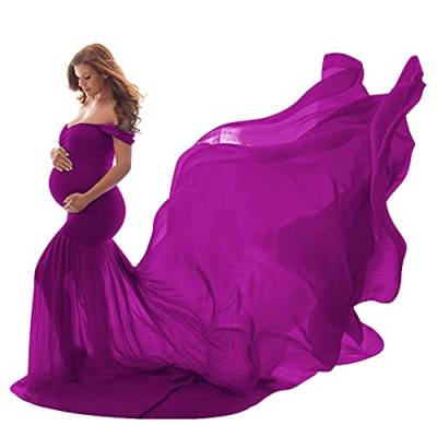 Umstandskleid Fotoshooting Babybauch Shooting Outfit Schulterfreies Chiffon Tüll Meerjungfrau Langes Schwanger Kleidung Festlich Hochzeit Elegant Abendkleider Umstandsmode Violett Einheitsgröße von Odizli