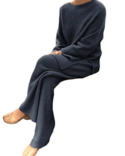 Onsoyours 2 Stück Strickanzug aus Langarm Strickpullover Und Lange Damen Jogginghose Zweiteilige Beiläufig Freizeitanzug Sportanzug Loungewear Set Outfit Blau M von Onsoyours