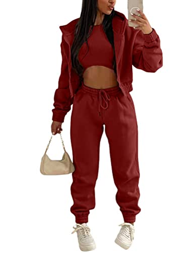 Onsoyours 3 Stücke Damen Sportanzüge Jogginganzug Sport Sets Yoga Outfit Freizeitanzug Sportswear Langarm Kapuzenjacke + Crop Top + Jogginghose mit Taschen Weinrot XXL von Onsoyours