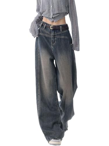 Onsoyours Baggy Jeans Damen Jeans Hose mit Hoher Taille Y2K Style Harajuku E-Girl Streetwear Hose Casual Baggy Vintage Denim Hose Freizeit Loose Gerade Hosen Baggy Boyfriend Jeans A3 Blau M von Onsoyours