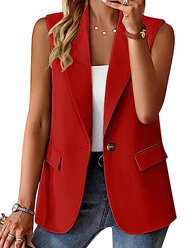 Onsoyours Blazer Damen Sportlich Weste Mantel Lässige Offene Vorderseite Ärmellos Sommerjacke Arbeitsbüro Jacken Freizeit Business Jacke Cardigan Dünn Anzugjacke mit Tasche A Rot XL von Onsoyours