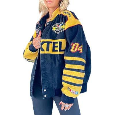 Onsoyours Bomberjacke Damen Sweatjacke Ladies College Sweat Jacket Druckknopf Für Frauen Oversized Patchwork Jacke Vintage Brief Druck Jacken Baseball Mantel U Gelb S von Onsoyours