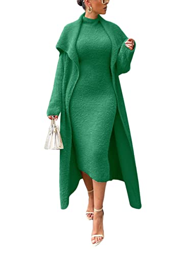 Onsoyours Damen Fleece Kleid Set Cardigan und Ärmellos Midikleid Herbst Winter 2 Teiliges Sweater Cardigan Mit Gürtel Samt Kleider Pullikleid Elegante Party Outfits A Grün XXL von Onsoyours