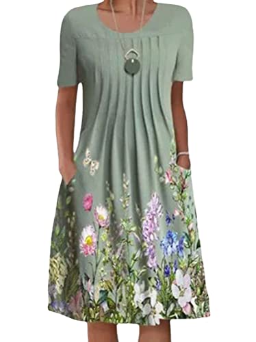 Onsoyours Damen Freizeitkleid Sommer Casual Kurzarm Rundhals Kleid Swing Kleider Knielang Elegant Blumen Sommerkleid Strandkleid mit Taschen B Grün M von Onsoyours