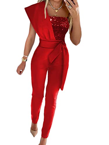 Onsoyours Damen Jumpsuit Einteiler Elegant Lässiger Overall Lang Hosenanzug Playsuit Jogginganzug Romper Casual Einfarbig Strampler Spielanzug Mit Gürtel A Rot L von Onsoyours