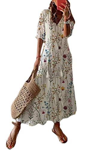 Onsoyours Damen Lang V-Ausschnitt Wickelkleider Sommer Casual Kurzarm Blumen Boho Rüschen Maxikleider Strandkleider Swing Freizeitkleid Strandkleid Cocktailkleid Gelb XL von Onsoyours