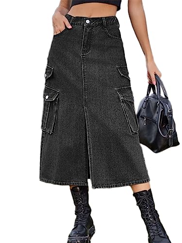 Onsoyours Damen Sommer Jeansrock Midi Long A-Linie Rock mit Hoher Taille Stretch Sommerrock Bleistiftrock Sexy Pencil Skirt mit Knöpfen Denim Midirock mit Taschen C Schwarz Grau XXL von Onsoyours