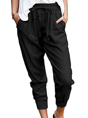 Onsoyours Damen Sommerhose aus Baumwolle Leinen 7/8 Länge Pumphose Haremshose Einfarbig Leichte Jogginghose Stretch Bequeme Strandhose Z5 Schwarz XXL von Onsoyours