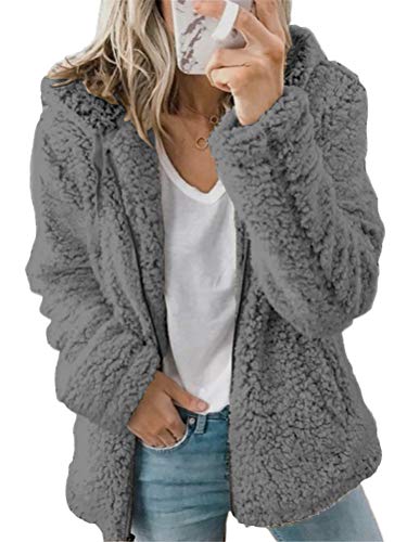 Onsoyours Damen Strickfleecejacke Fleecejacke mit Kapuzen Reißverschluss Winterjacke Klassische Einfarbig Plüschjacke Teddy Mantel Warm Kapuzenjacke Parka (36, Dunkelgrau) von Onsoyours