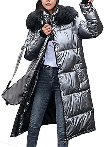 Onsoyours Damen Winterjacke Lange Daunenjacke Warm Parka Jacke mit Fellkapuze Steppjacke Wintermantel Casual Daunenmantel mit Taschen Steppweste Outdoor D Grau XL von Onsoyours