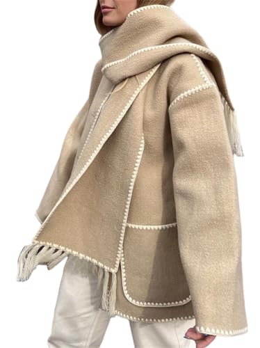 Onsoyours Herbst Winter Damen Mantel Mit Quaste Schal Lose Langarm Einreiher Mäntel Oversized Frauen Warme Woll Stickerei Jacke Outwear A Khaki S von Onsoyours