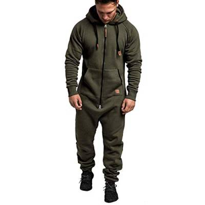 Onsoyours Herren One Piece Pyjamas Mit Kapuze Tasche Kordelzug Reißverschluss Jumpsuit Onesie Strampler Langer Spielanzug Einteiliger Pyjama Overall Herbst Winter A Armeegrün L von Onsoyours