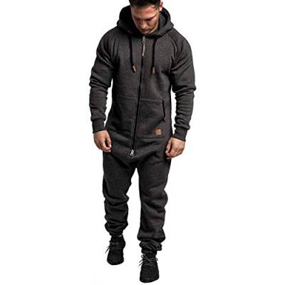 Onsoyours Herren One Piece Pyjamas Mit Kapuze Tasche Kordelzug Reißverschluss Jumpsuit Onesie Strampler Langer Spielanzug Einteiliger Pyjama Overall Herbst Winter A Dunkelgrau L von Onsoyours