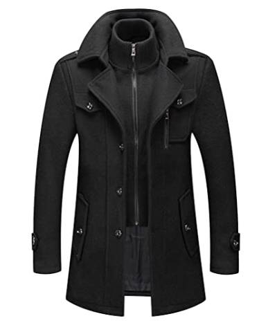 Onsoyours Herren Wintermantel Wolle Winter Kurzmantel Mittellang Wollmantel Abnehmbare Doppelkragen Kurz Winterjacke für Business Freizeit Freien Slim Fit Jacke A Schwarz XXL von Onsoyours