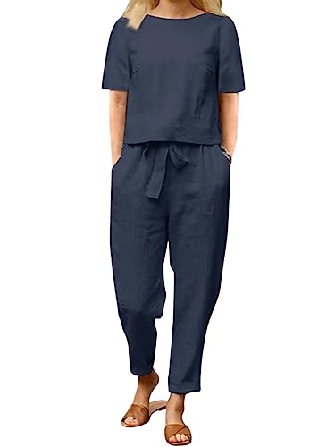 Onsoyours Jogginganzug Damen Hosenanzug Damen Leinen Casual 2 teiler Set Leinenhemd Kurzarm Blusen und Hosen Weite High Waist Chic Anzug Outfit Loungewear Sommer B Dunkelblau M von Onsoyours