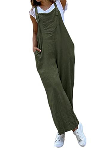 Onsoyours Latzhose Damen Jumpsuit mit Träger Retro Overalls Oversize Lose Hose Lange Baggy Sommerhose Baumwolle Leinen Jumpsuit Elegant Hosenanzug A Grün S von Onsoyours