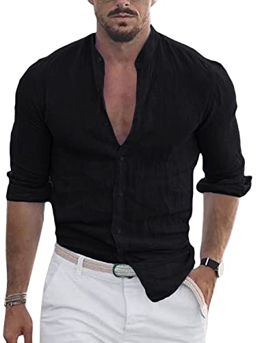 Onsoyours Leinenhemd Hemd Herren Langarm Henley Sommerhemd Herren Freizeithemd Leinenhemd Regular Fit Einfarbig Strand Men Shirts A Schwarz 3XL von Onsoyours