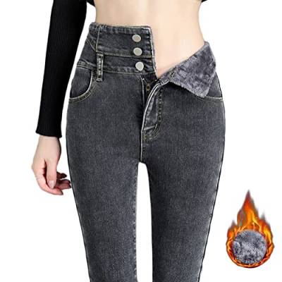 Onsoyours Thermo Jeans Damen Fleece Gefütterte Thermojeans Skinny Jeans High Waist Leggings Denim Hose Winter Warm Dicke Strumpfhose Pants Streetwear A Grau XS von Onsoyours