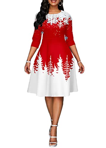 Onsoyours Weihnachtskleid Damen Elegant Langarm Rundhals Vintage Swing Kleid Abendkleid Weihnachtsdruck Schneeflocke Partykleid Christmas Dresses Festlich Festival B Rot XS von Onsoyours