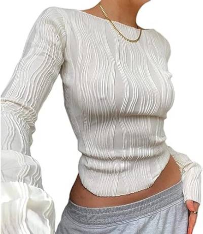 Damen Bluse Y2 K Sexy Rückenfreies Oberteil Slim Fit Crop Top Langarmshirt Crewneck Taillierte T-Shirts Casual Retro Streetwear Bauchfrei enge Oberteile Rundhal Pullover Teenager Mädchen (02-White, L) von Orbgons