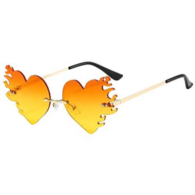 Orbgons Flammen Sonnenbrillen Herz Rahmenlose Form Brillen Unisex Retro Herzförmige Mode Vintage Punk-Stil Sonnenbrille für Damen Herren, Herz Sonnenbrille Hippie Stil, Rave Brille (Z09, One Size) von Orbgons