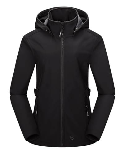 Outdoor Ventures Damen Softshelljacke Kurze Gefütterte Wasserdichte Übergangsjacke mit Abnehmbarer Kapuze Regenjacke Funktionsjacke Outdoor Regenmantel für Wandern Laufen Sporten Schwarz XL von Outdoor Ventures