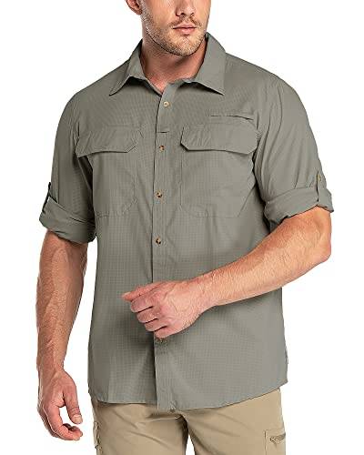 Outdoor Ventures Herren Langarm Hemd Outdoor Funktionshemd Schnelltrocknende Shirts Casual Freizeithemd Atmungsaktive Sportshemd Frühling Sommer Herbst mit Taschen für Wandern Camping Grüngrau 2XL von Outdoor Ventures