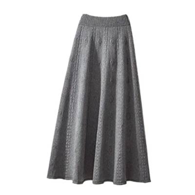 Ownwfeat Gestrickter Rüschenrock Langer A-Linie Rock Damen Elastisch Hohe Taille Wolle Warm Midi Faltenrock, gray9, 48 von Ownwfeat