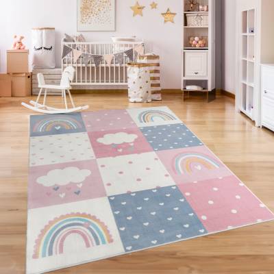 Paco Home Kinderteppich "Eliz 396", rechteckig, Spielteppich, Patchwork-Muster, Motiv Regenbogen, Wolke, Herz von PACO HOME