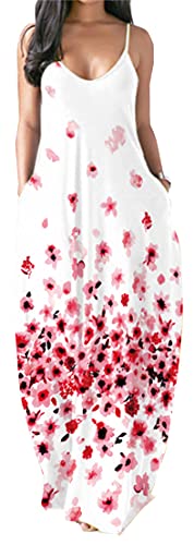 PADOLA Damen Sommerkleid Lang Boho Kleid Ärmellos Maxikleider Chic Casual Strandkleid Blumen Freizeitkleid mit Taschen (0 Pink Blumen, M) von PADOLA