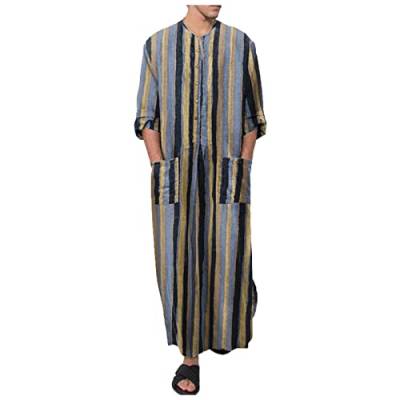 PANGF Ethnische Herren Kaftan Baumwolle Leinen Ethnische Nachthemd Roben Langarm Druck Gestreiftes Lang Freizeitkleid mit Taschen Bademäntel Morgenmäntel S-4XL (03-Blau, XL) von PANGF