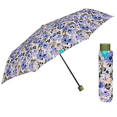 PERLETTI Blumen Regenschirm für Damen Mädchen Frauen - Handtasche Taschenschirm Blau Windfest Sturmsicher mit Manueller Öffnung - Mini Kompakt Klappbar Regen Schirm - Durchmesser 97 cm (Blau Blumen) von PERLETTI