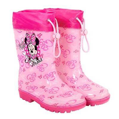 PERLETTI Disney Minni Maus Gummistiefel Rosa Pink - Minnie Mouse Kinder Stiefel Wasserdicht - Kleine Mädchen Regen Stiefeletten mit Schleifen - rutschfeste Sohle und Kordelzug (Rosa, 28/29 EU) von PERLETTI