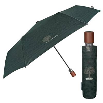 PERLETTI GREEN Herren Regenschirm Automatik mit Holzgriff - Kompakter Taschenschirm mit Recyceltem Stoff für Jungen - Regen Schirm Windfest Sturmfest Windsicher Winddicht - Durchmesser 96 cm (Grün) von PERLETTI