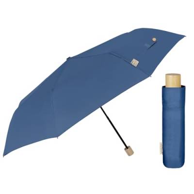 PERLETTI GREEN Regenschirm Taschenschirm Ökologisch für Damen Mädchen - Kompakt Klein Schirm Natürlich mit Manueller Öffnung - Umwelfreundlicher Damenschirm Windfest Mini aus Holz (Blau) von PERLETTI