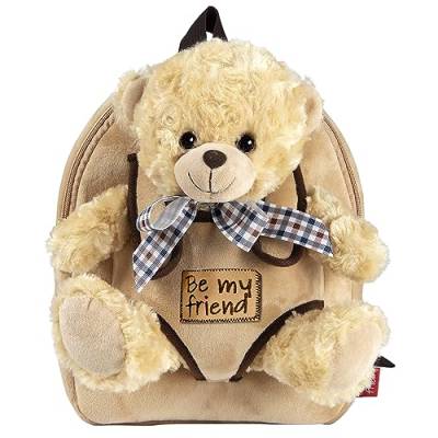 PERLETTI Kuscheltier Teddybär Rucksack für Kinder - Pluschbär Weich Flauschig und Kindergarten Schultasche mit Tasche für Plüsch Tier - Baby 3 4 5 Jahren Kindertasche 27x21x9 cm (Beige Bär mit Bogen) von PERLETTI