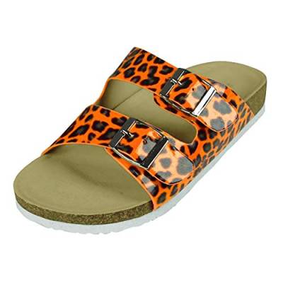 PERLETTI Pantoletten Damen Sommer Haus Strand - Mädchen Verstellbare Hausschuhe Farbig Bunt - Frauen Schlappen Laufkomfort Bequem - Flache Sandalen Badelatschen (Leopardenmuster Orange, numeric_38) von PERLETTI