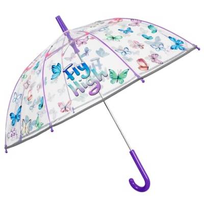 PERLETTI Regenschirm Transparent Rosa Kinder - Kinderschirm Reflektierend Durchsichtig für Kleine Mädchen 3 4 5 Jahre - Sicher Kinderregenschirm Kindergarten Kleinkind - Durchm 64 cm (Schmetterlinge) von PERLETTI