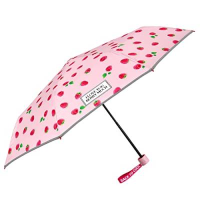 PERLETTI Pink Kinder Regenschirm für Mädchen - Rosa Kinderschirm Reflektierend mit Roten Himbeeren - Taschenschirm Kompakt Windsicher Sturmfest 7+ Jahre - 91 cm Durchmesser Cool Kids (Himbeeren) von PERLETTI